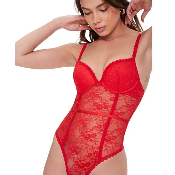 Forever 21 Red Lace Cutout Bodysuit Size Small - Picture 1 of 12